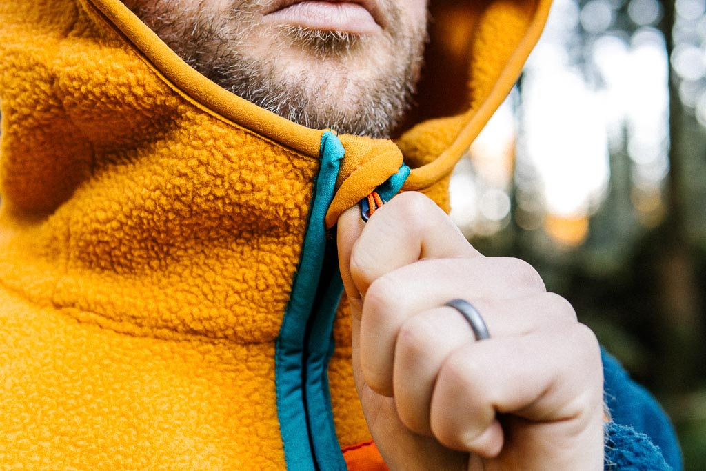 Out There Hooded Recycled Sherpa Fleece Jacket (Ochre/Navy)