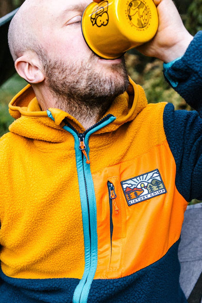 Out There Hooded Recycled Sherpa Fleece Jacket (Ochre/Navy)