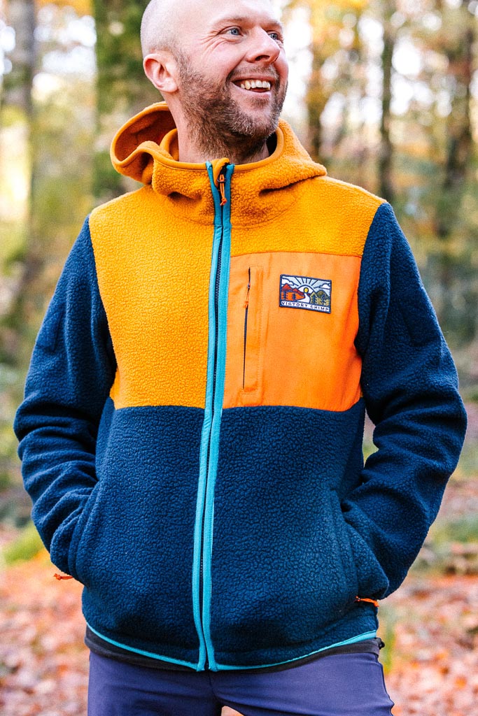 Out There Hooded Recycled Sherpa Fleece Jacket (Ochre/Navy)