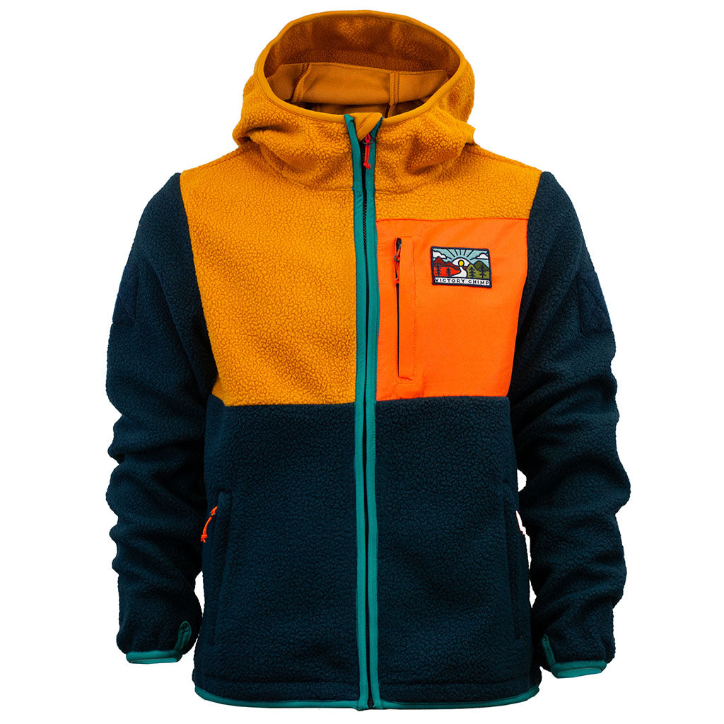 Out There Hooded Recycled Sherpa Fleece Jacket (Ochre/Navy)